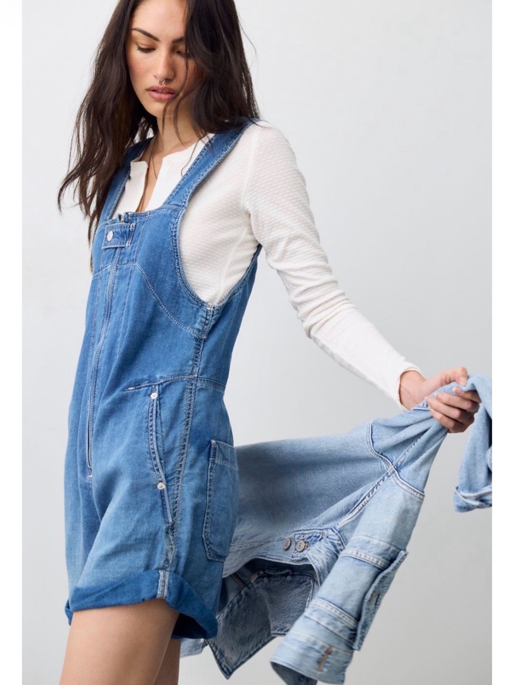 We The Free Light Blue Denim Short Overalls Romper